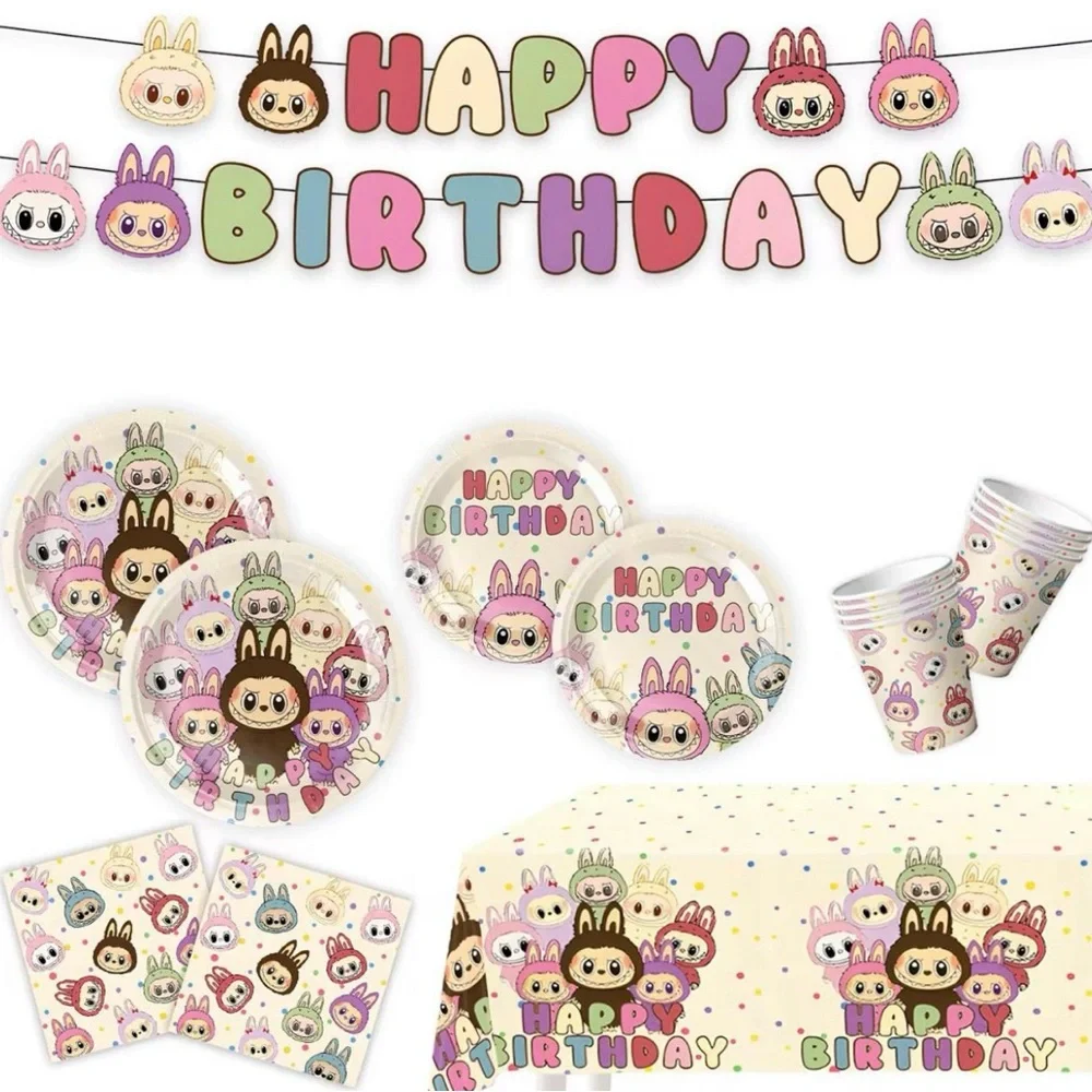 Labubu Cute Characters Happy Birthday Party Tableware Set - Pastel Multicolor